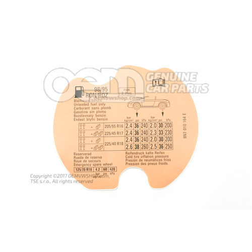 Tabliczka znamionowa ciśnienia w oponach 8N7010164E