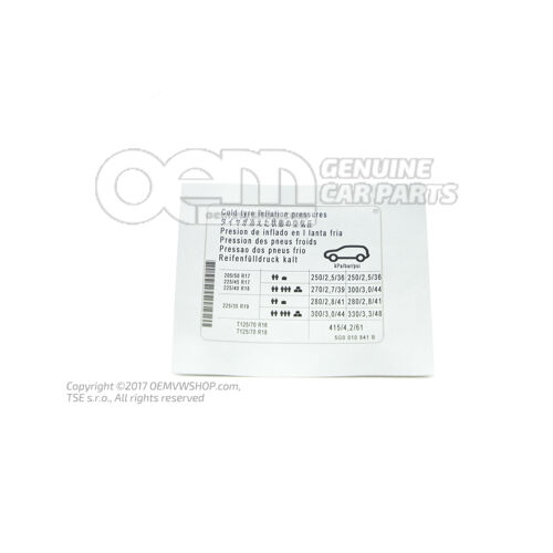 Tabliczka znamionowa ciśnienia w oponach Volkswagen Golf 5G 5G0010841B