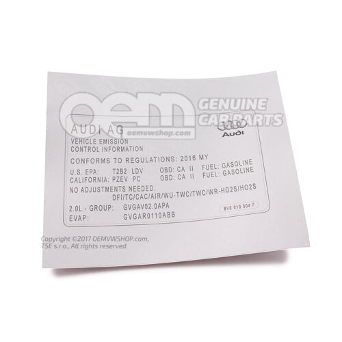 Tabliczka znamionowa emisji spalin Audi TT/TTS Coupe/Roadster 8S 8V0010504F