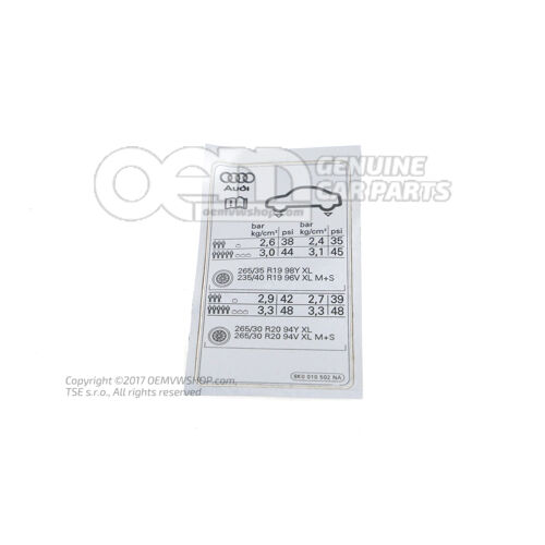 Tabliczka znamionowa ciśnienia w oponach Audi RS4 Quattro 8K 8K0010502NA