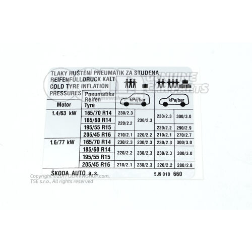 Tabliczka danych ciśnienia w oponach Skoda Fabia 5J 5J9010660