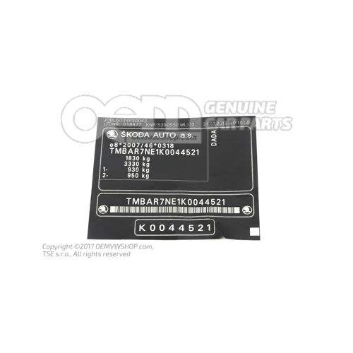 Tabliczka na numer identyfikacyjny pojazdu 5E0000279